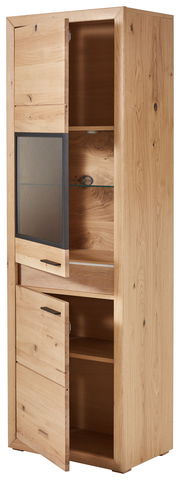 Vitrine aus Holz mit Beleuchtung, zwei geöffnete Türen, seitliche Perspektive