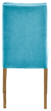 Rückansicht eines türkisfarbenen Stuhls mit Holzbeinen