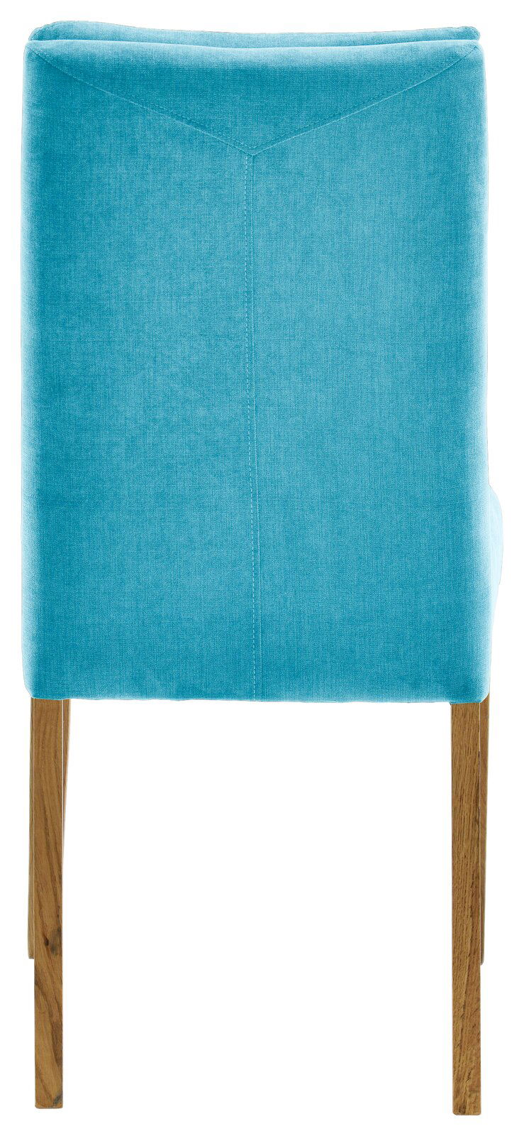 Rückansicht eines türkisfarbenen Stuhls mit Holzbeinen