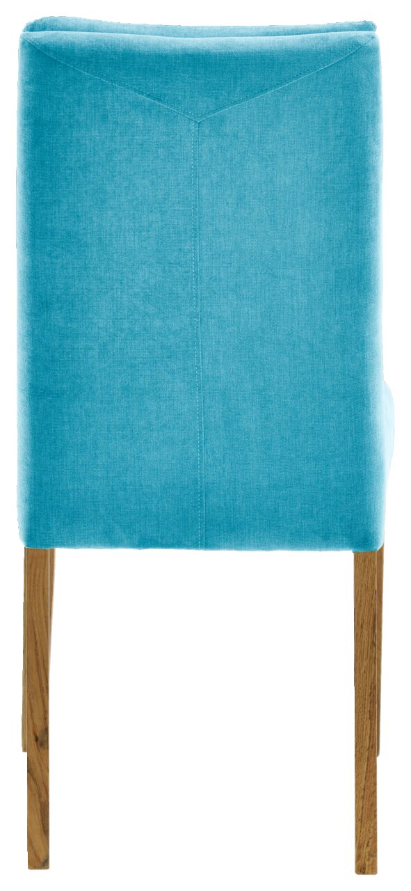 Rückansicht eines türkisfarbenen Stuhls mit Holzbeinen