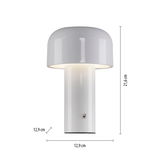 Weiße Akku-Tischleuchte AGNES mit zylindrischem Sockel und abgerundetem Schirm, frontal abgebildet.