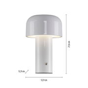 Weiße Akku-Tischleuchte AGNES mit zylindrischem Sockel und abgerundetem Schirm, frontal abgebildet.