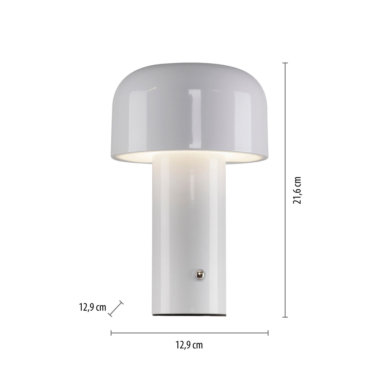 Weiße Akku-Tischleuchte AGNES mit zylindrischem Sockel und abgerundetem Schirm, frontal abgebildet.