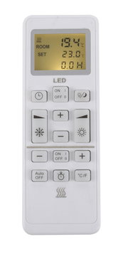 Fernbedienung für Deckenleuchte mit IR-Heizung, Vorderansicht mit Display und Tasten.