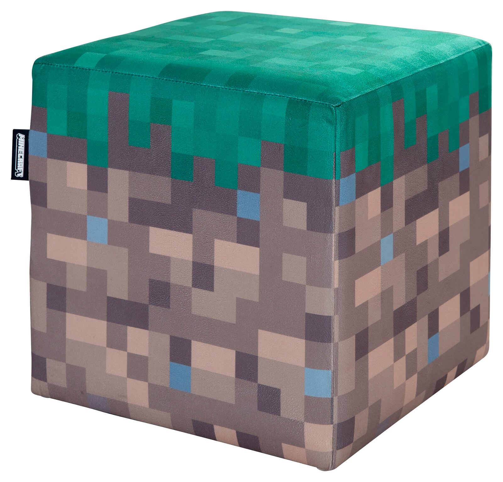 Kubusvormige Minecraft-poef in pixelstijl (gras- en steenblok), vrijstaand op een witte achtergrond, in schuin vooraanzicht