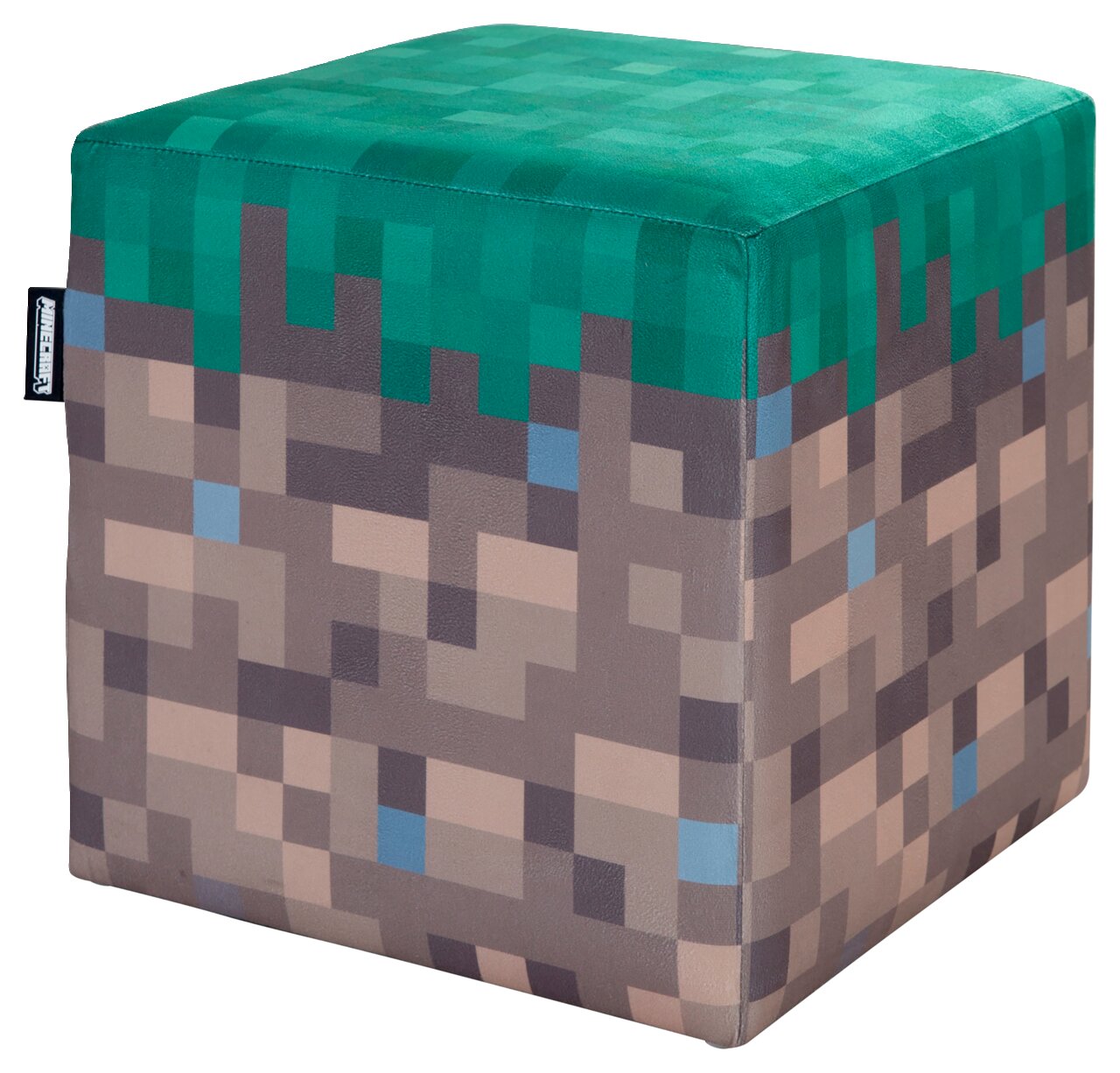 Würfelförmiger Minecraft Sitzhocker im Pixel-Design (Gras- und Steinblock), freigestellt auf weißem Hintergrund, in schräger Vorderansicht