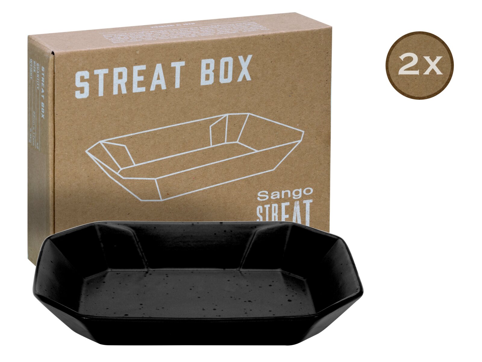 Creatable Box 2-tlg STREET FOOD Schwarze rechteckige Servier- bzw. Snackschale „Sango Streat Box“ vor brauner Verpackung mit Aufdruck „STREAT BOX“ und „2x“, gezeigt in frontaler Produktansicht mit leicht erhöhter Perspektive.