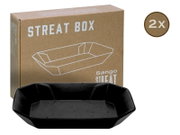 Schwarze rechteckige Servier- bzw. Snackschale „Sango Streat Box“ vor brauner Verpackung mit Aufdruck „STREAT BOX“ und „2x“, gezeigt in frontaler Produktansicht mit leicht erhöhter Perspektive.