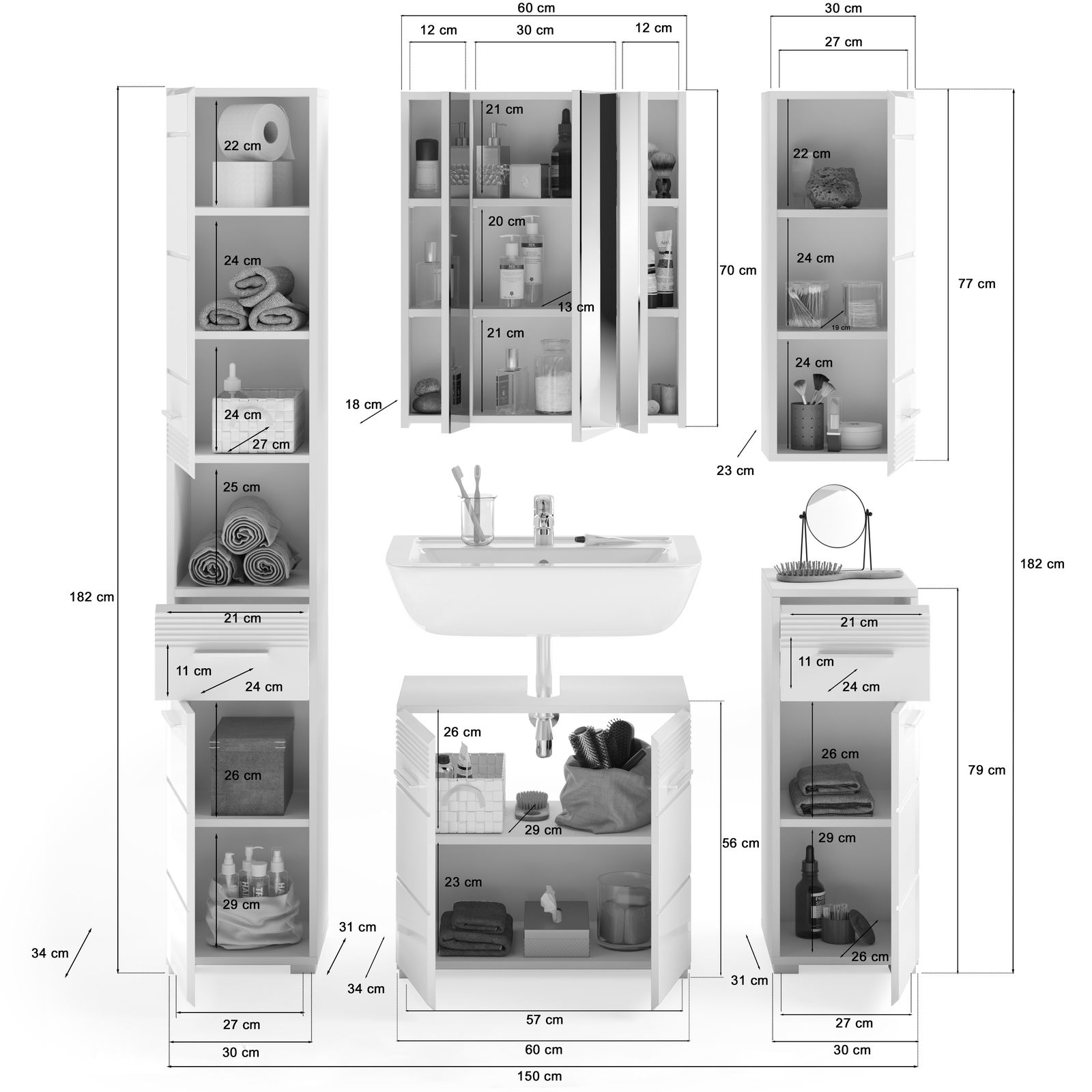 Badezimmermöbel-Set in Weiß, bestehend aus mehreren Schränken und einem Waschbeckenunterschrank, frontal abgebildet. Ideal zur Aufbewahrung von Handtüchern und Pflegeprodukten.