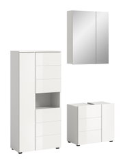 Moderne weiße Badkombination mit Spiegelschrank, Hochschrank und Waschtischunterschrank, seitliche Perspektive