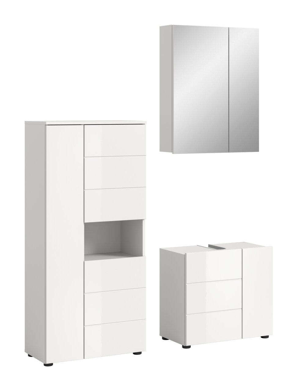 MID.YOU Badkombination VIRA Moderne weiße Badkombination mit Spiegelschrank, Hochschrank und Waschtischunterschrank, seitliche Perspektive