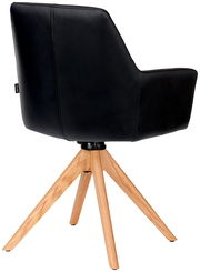 Rückansicht eines schwarzen Armlehnstuhls mit Holzbeinen