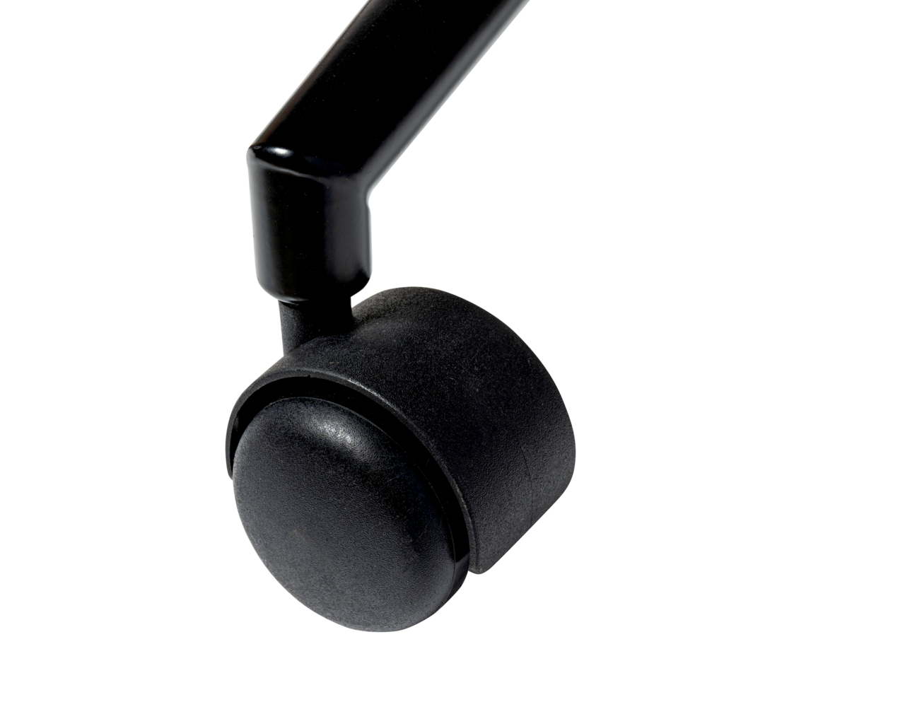 Nahaufnahme einer schwarzen Stuhlrolle eines Drehstuhls