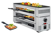Zilveren pizza-raclette-apparaat met meerdere niveaus, gevuld met pannetjes vol ingrediënten, en een grillplaat bovenop, gezien vanuit een zijaanzicht.