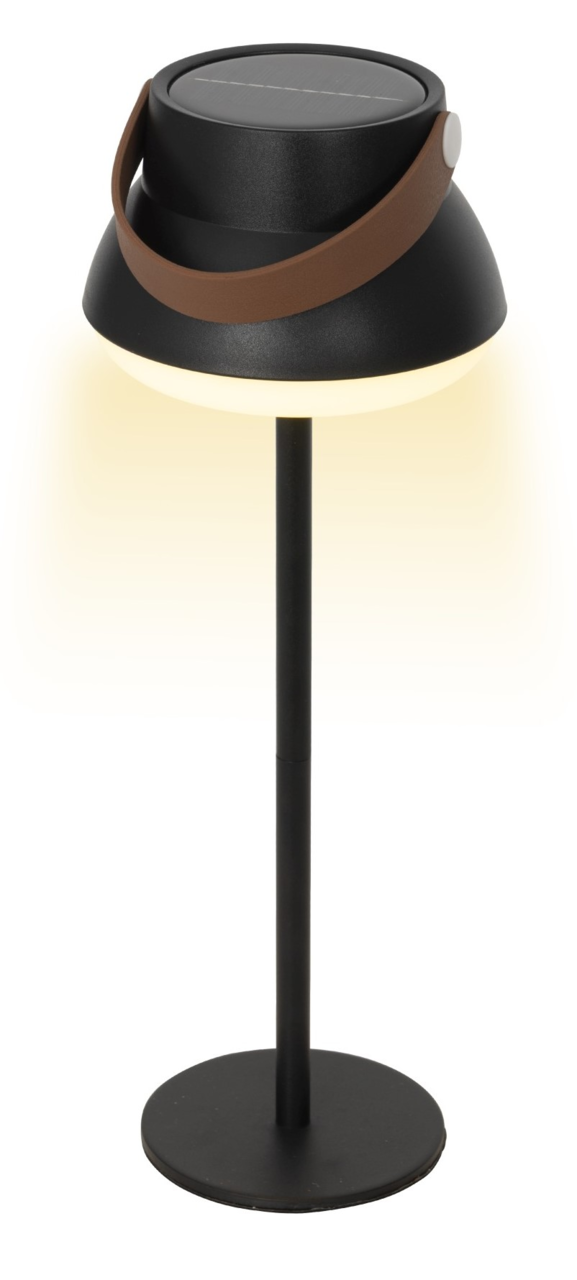 Schwarze Solar Tischlampe mit braunem Griff, seitliche Perspektive
