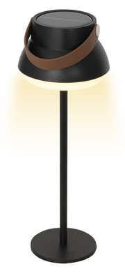 Schwarze Solar Tischlampe mit braunem Griff, seitliche Perspektive