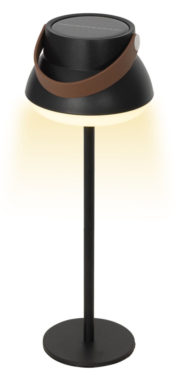 Schwarze Solar Tischlampe mit braunem Griff, seitliche Perspektive
