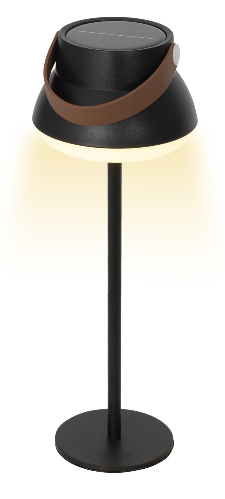 Schwarze Solar Tischlampe mit braunem Griff, seitliche Perspektive