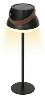 Schwarze Solar Tischlampe mit braunem Griff, seitliche Perspektive