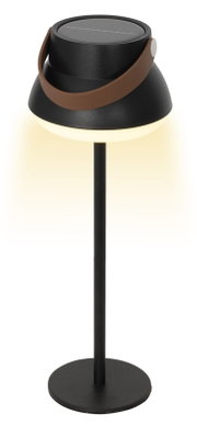 Schwarze Solar Tischlampe mit braunem Griff, seitliche Perspektive
