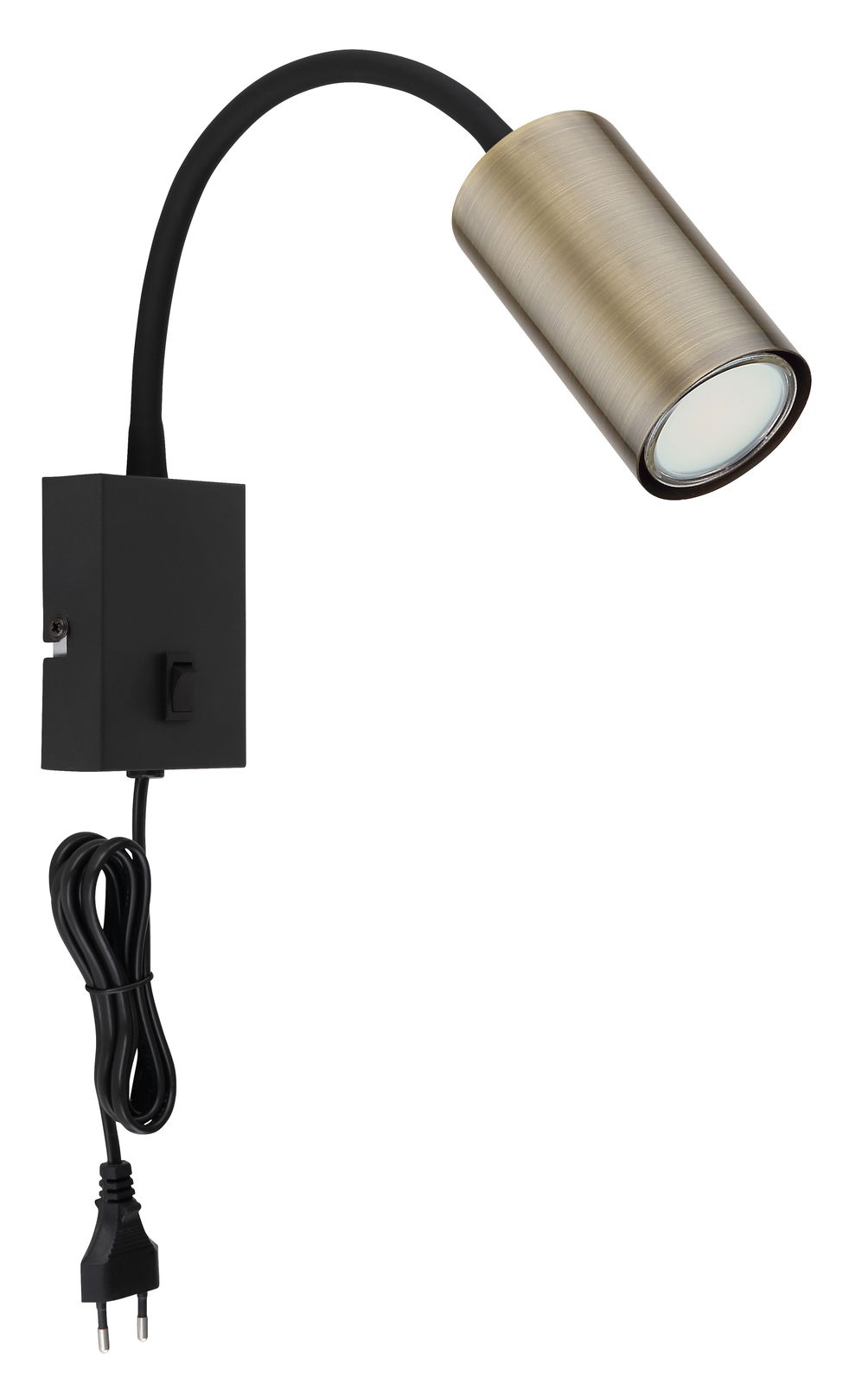 Wandleuchte aus Metall in Altmessing-Optik mit flexiblem Arm und schwarzem Kabel, seitliche Perspektive