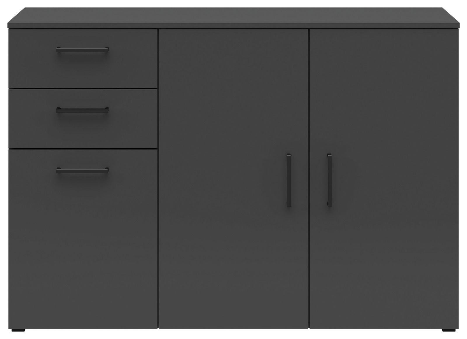 Schwarze Kommode mit drei Schubladen auf der linken Seite und zwei Türen auf der rechten Seite, Frontalansicht