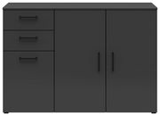 Schwarze Kommode mit drei Schubladen auf der linken Seite und zwei Türen auf der rechten Seite, Frontalansicht