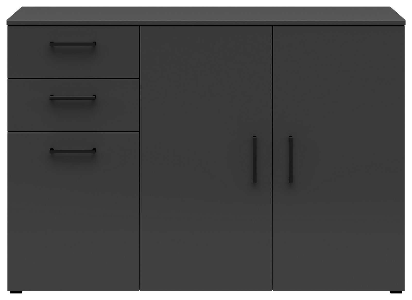 Schwarze Kommode mit drei Schubladen auf der linken Seite und zwei Türen auf der rechten Seite, Frontalansicht