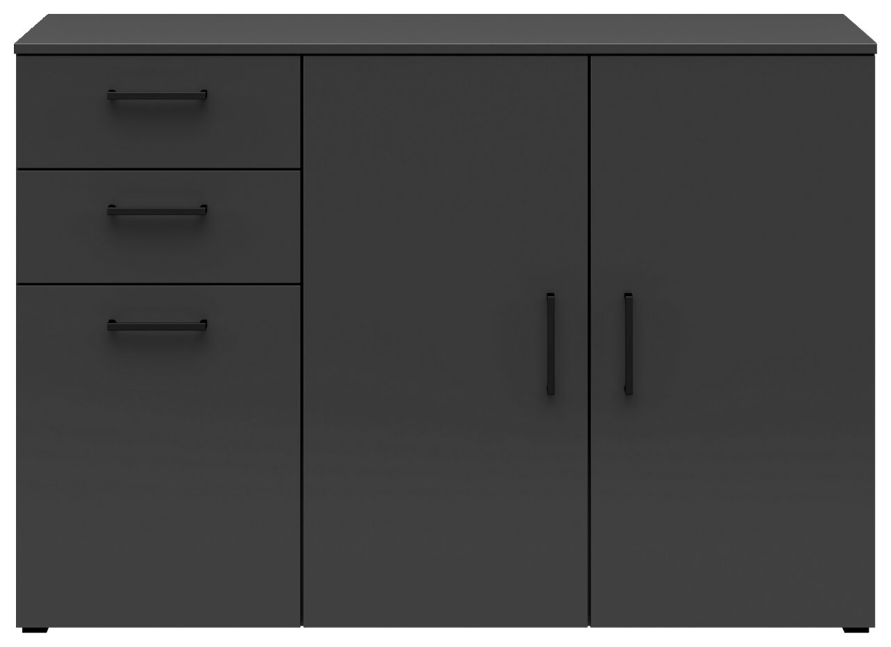 Schwarze Kommode mit drei Schubladen auf der linken Seite und zwei Türen auf der rechten Seite, Frontalansicht