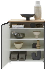 Kommode mit geöffneter Tür, zeigt dekorative Objekte und Bücher auf den Regalböden, aus frontaler Perspektive.