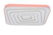 Quadratische LED-Deckenleuchte in Weiß mit stufigem, konzentrischem Design und rotem Leuchtrand, perspektivische Ansicht von unten/leicht schräg