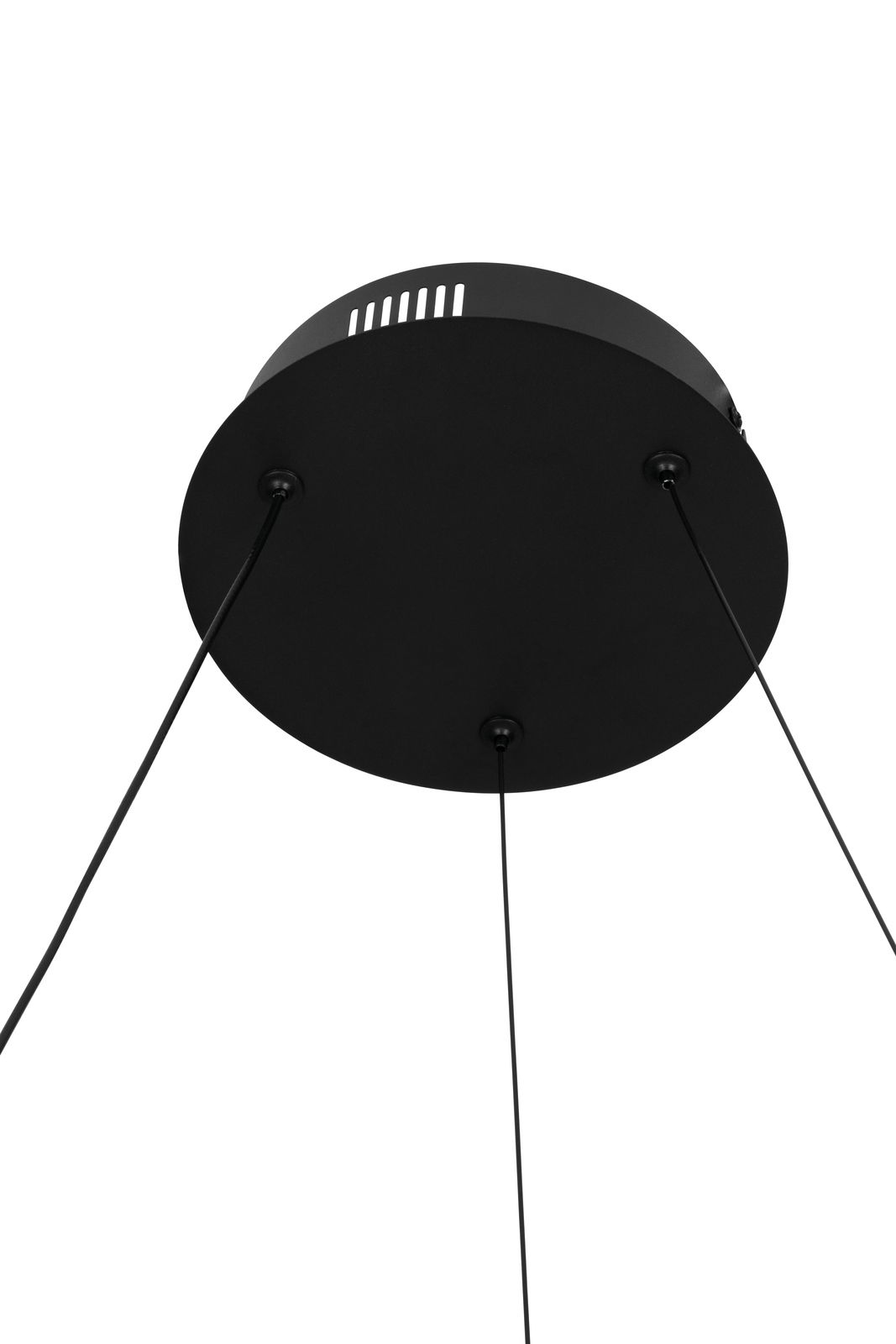Ansicht von unten auf eine schwarze LED-Hängeleuchte mit runden Deckenbefestigung und drei Kabeln.