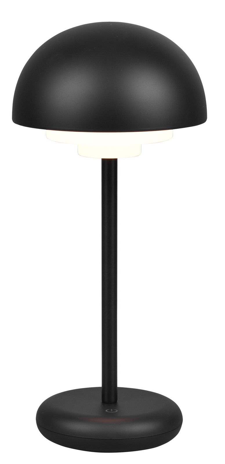 Schwarze Akku-Tischleuchte Elliot mit rundem Schirm, seitliche Perspektive