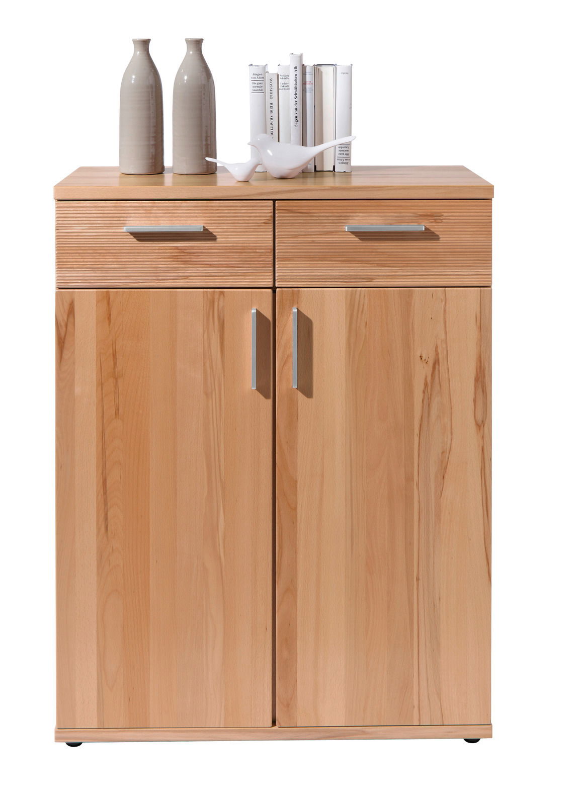 Hochkommode aus Holz mit zwei Schubladen und zwei Türen, frontal fotografiert. Dekoriert mit zwei Vasen, Büchern und einer weißen Vogelstatue.