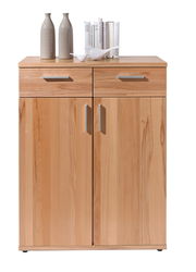 Hochkommode aus Holz mit zwei Schubladen und zwei Türen, frontal fotografiert. Dekoriert mit zwei Vasen, Büchern und einer weißen Vogelstatue.