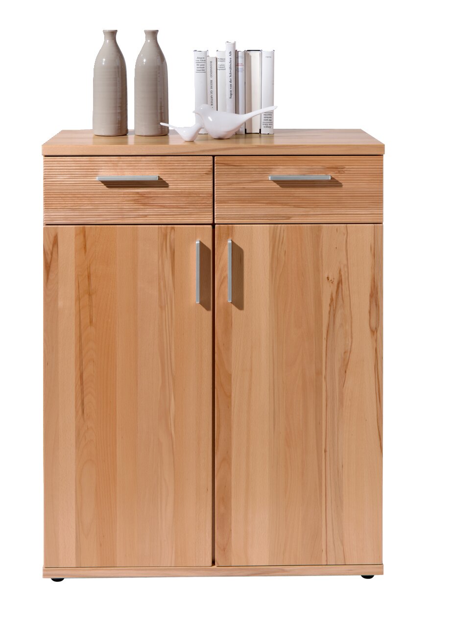 VOSS Hochkommode ATLANTA Hochkommode aus Holz mit zwei Schubladen und zwei Türen, frontal fotografiert. Dekoriert mit zwei Vasen, Büchern und einer weißen Vogelstatue.