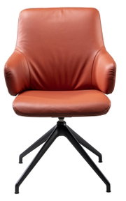 Moderne fauteuil in leerlook, vooraanzicht, met zwart metalen frame.