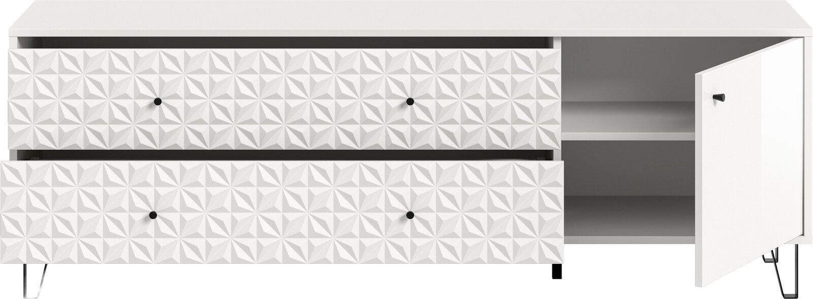 Weiße Kommode/Sideboard mit 3D-geprägten Fronten, zwei Schubladen und geöffneter rechter Tür, schwarze Knöpfe und Metallfüße, Frontansicht leicht von rechts