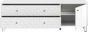 Weiße Kommode/Sideboard mit 3D-geprägten Fronten, zwei Schubladen und geöffneter rechter Tür, schwarze Knöpfe und Metallfüße, Frontansicht leicht von rechts
