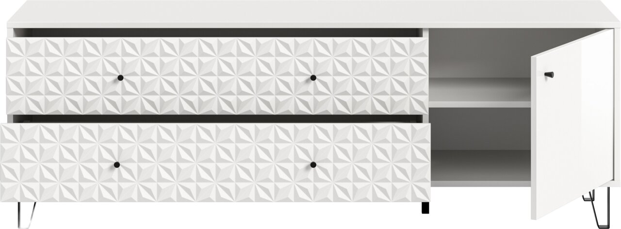 Weiße Kommode/Sideboard mit 3D-geprägten Fronten, zwei Schubladen und geöffneter rechter Tür, schwarze Knöpfe und Metallfüße, Frontansicht leicht von rechts