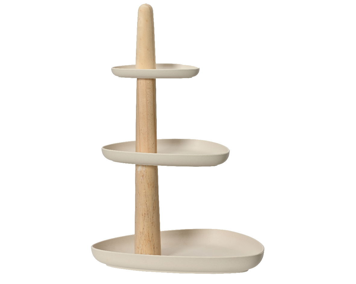 Dreistöckige Etagere aus Holz und Kunststoff in seitlicher Perspektive