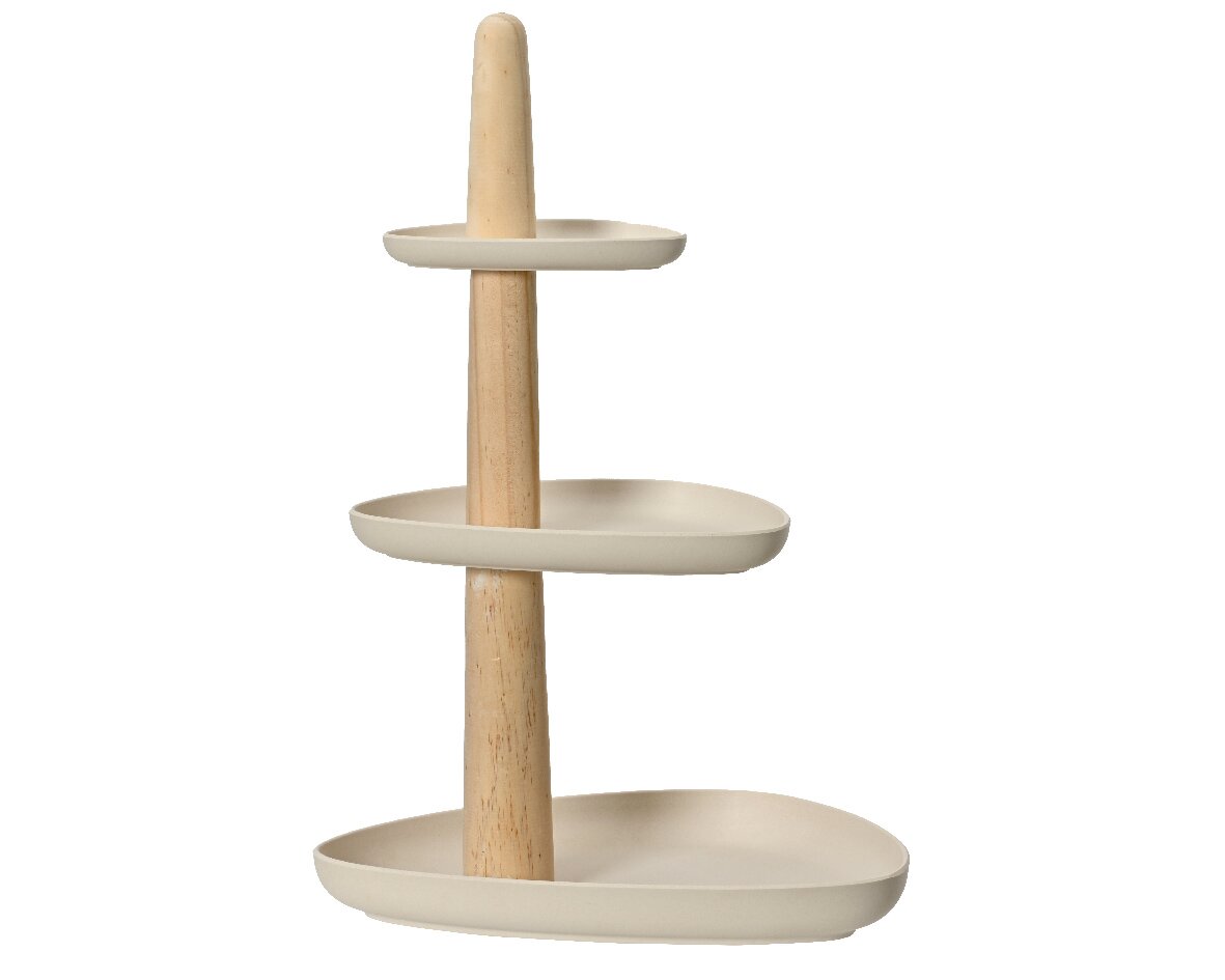 Etagère met drie verdiepingen van hout en kunststof, gezien vanuit de zijkant