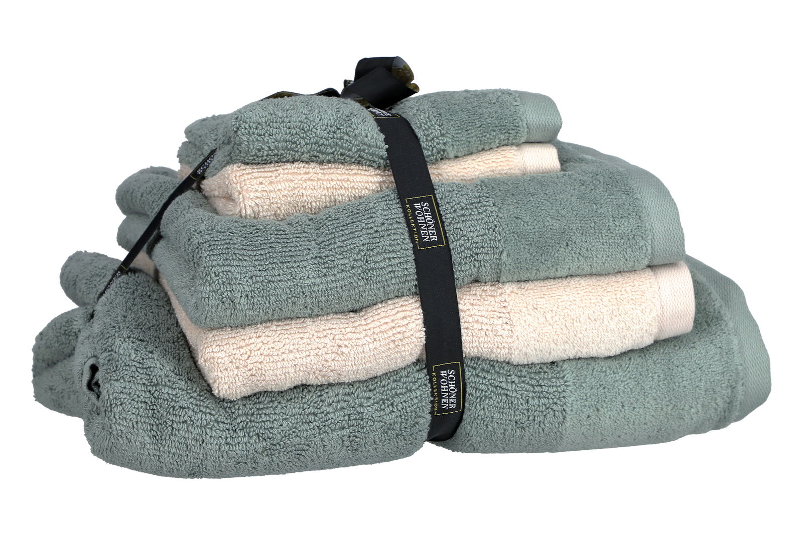 Frottierset 5-teilig in Grün und Beige, seitliche Perspektive