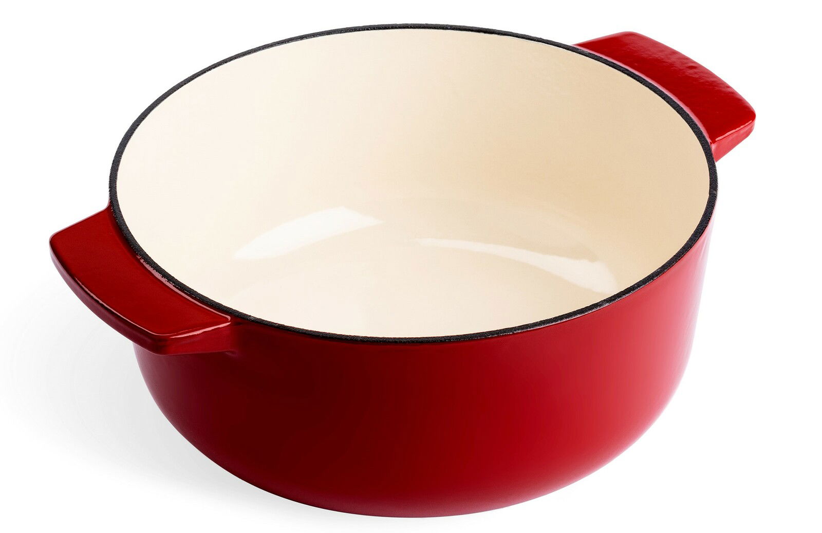 Roter runder Gusseisen-Bräter mit cremefarbener Innenbeschichtung, Ansicht von oben.
