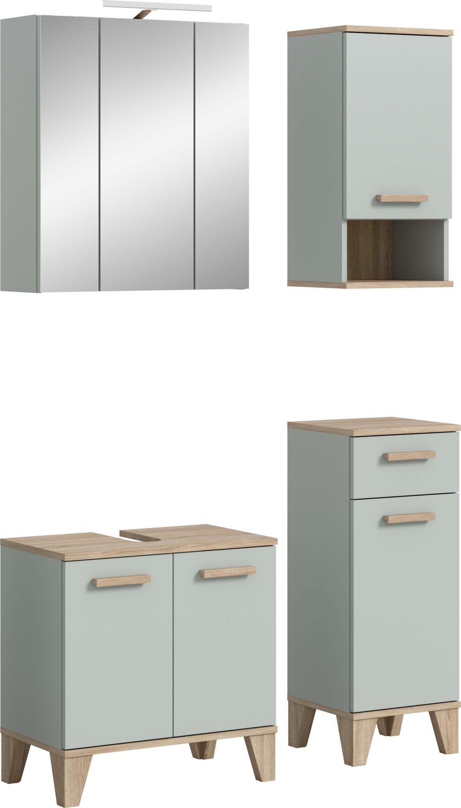 Badezimmermöbel-Set in Salbeigrün mit Holzoptik: Spiegelschrank, Hängeschrank, Waschbeckenunterschrank und Hochschrank mit Griffen und Füßen aus Holz, dargestellt in Front- und leicht schräger Perspektive