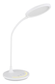 Moderne weiße Tischleuchte mit flexiblem Hals und rundem Lampenschirm, seitliche Perspektive