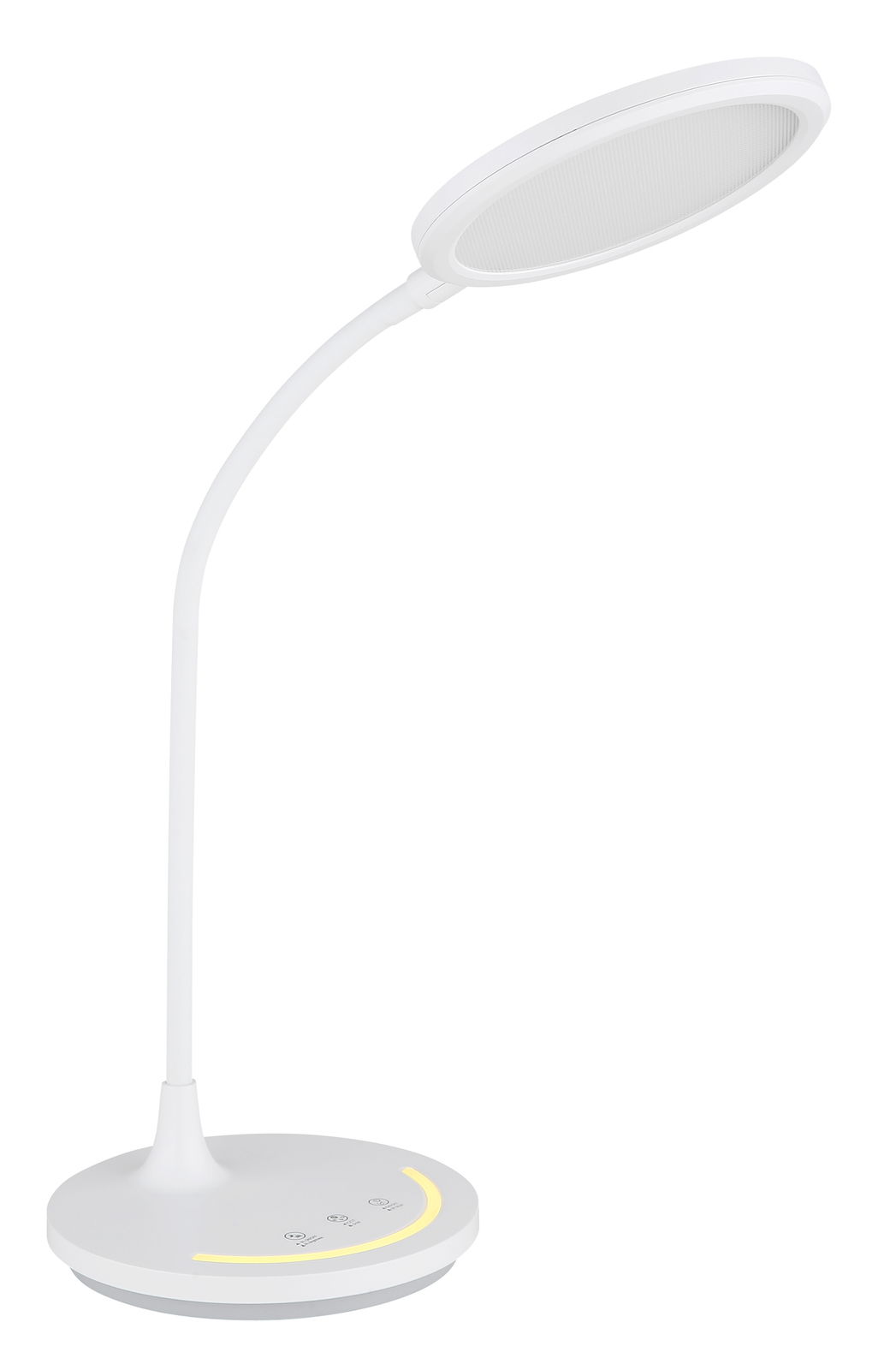 Moderne weiße Tischleuchte mit flexiblem Hals und rundem Lampenschirm, seitliche Perspektive