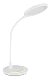Moderne weiße Tischleuchte mit flexiblem Hals und rundem Lampenschirm, seitliche Perspektive