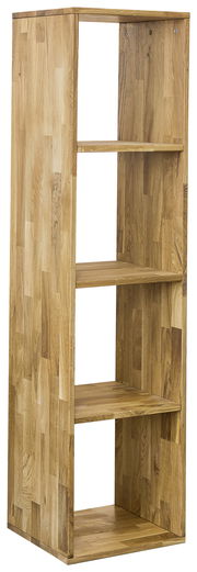 Holzregal 1x4 mit vier offenen Fächern, aus hellem Holz, seitliche Perspektive