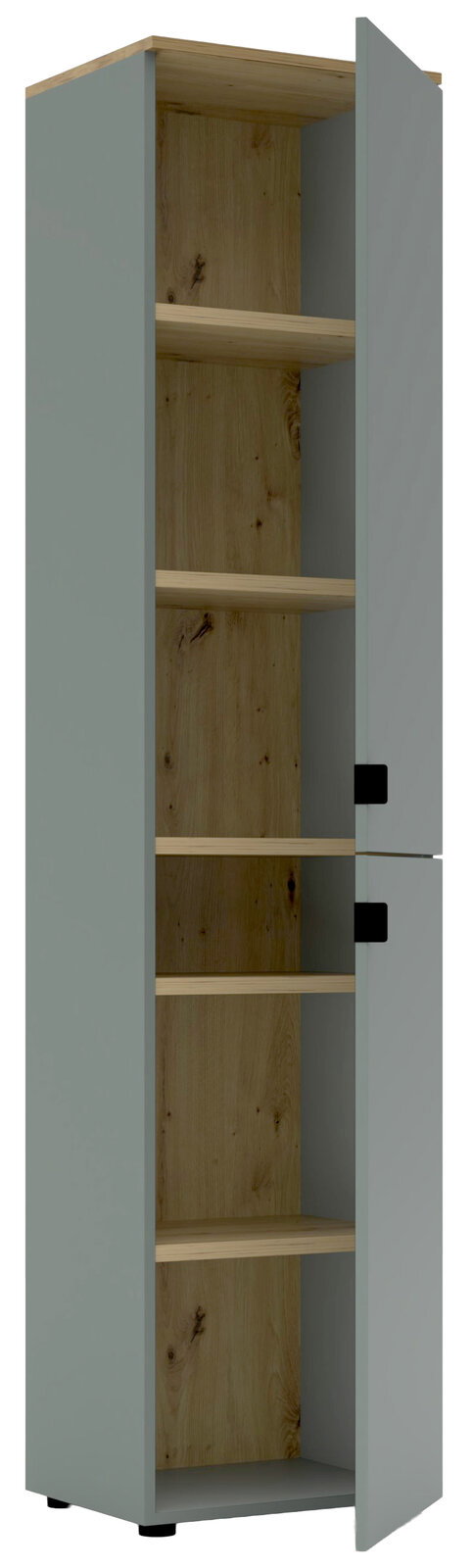 Büroschrank mit geöffneter Tür, zeigt mehrere Regalböden aus Holz, Perspektive von vorne.